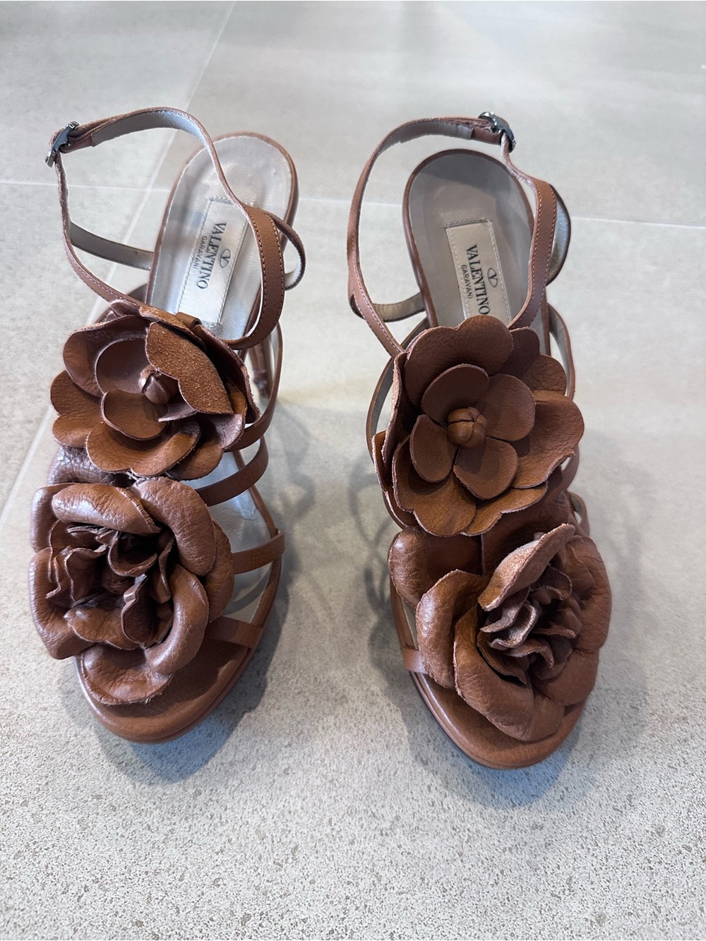Valentino Brown Leather Floral Strappy Heels